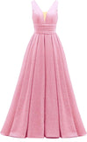 Glitter Satin Prom Dresses for Women Long V Neck A-Line Pleated Formal Evening Party Gowns with Pockets