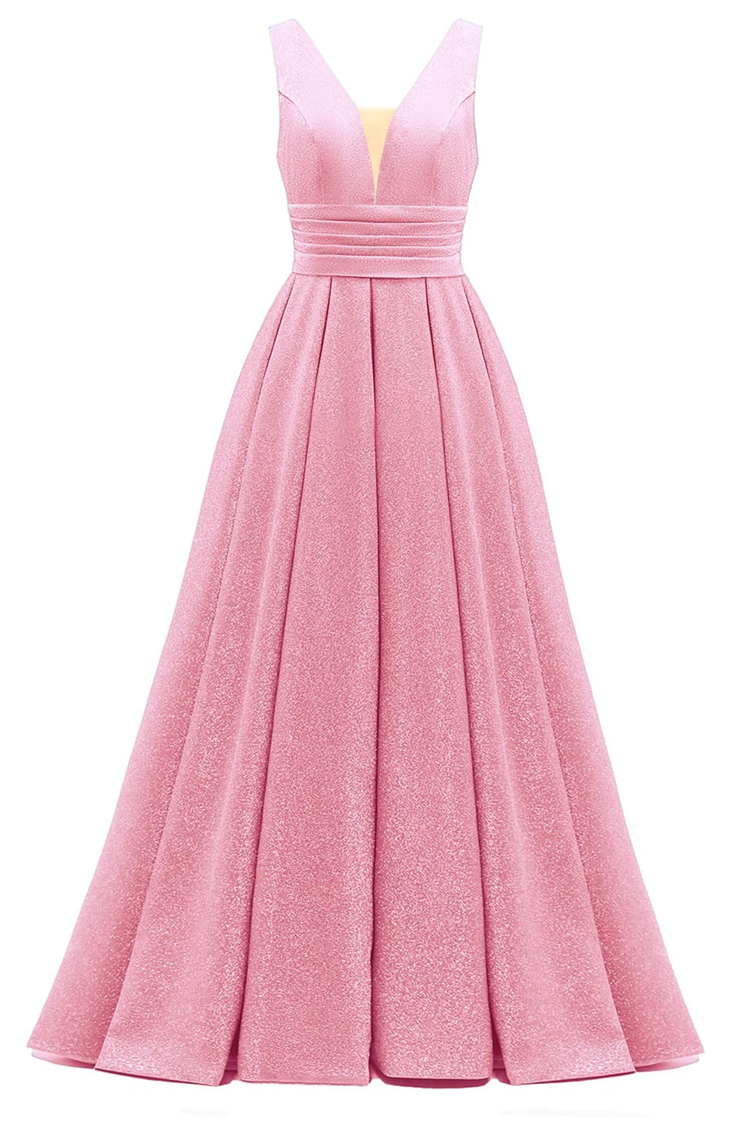Glitter Satin Prom Dresses for Women Long V Neck A-Line Pleated Formal Evening Party Gowns with Pockets