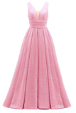 Glitter Satin Prom Dresses for Women Long V Neck A-Line Pleated Formal Evening Party Gowns with Pockets