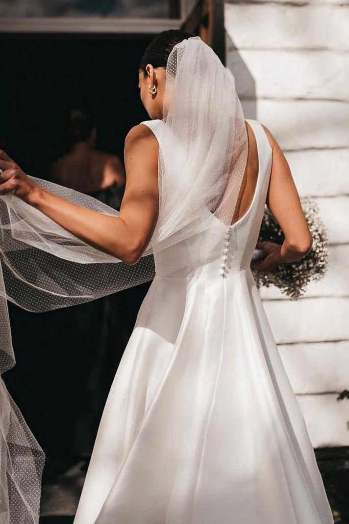 Simple A-Line Square Neck White Satin Wedding Dresses