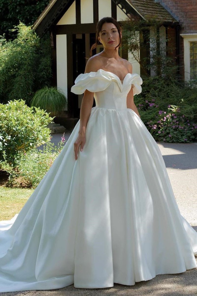 White Puff Off-the-Shoulder Sweeping Long Wedding Dress