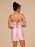 Navy Blue Strapless Bodycon Satin Pleated Short Homecoming & Cocktail Dresses With Beading