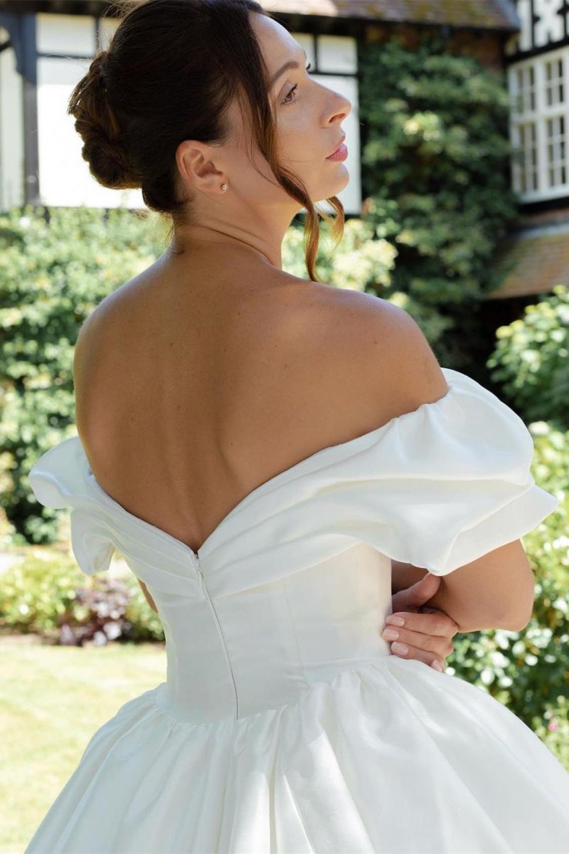 White Puff Off-the-Shoulder Sweeping Long Wedding Dress