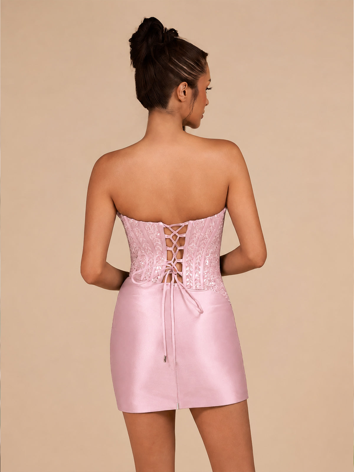 Pink - Strapless Bodycon Satin Pleated Short Homecoming & Cocktail Dresses With Beading