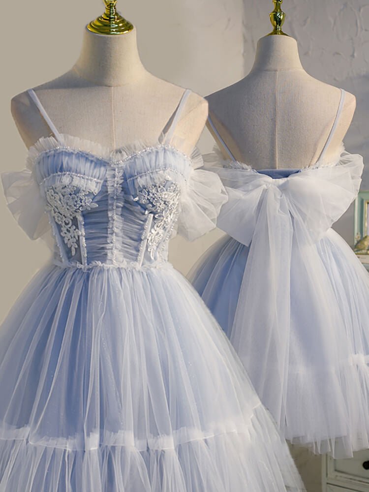 Spaghetti Straps Tulle Lace Appliques Short Prom Dresses With Bow