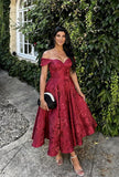 Off Shoulder Tea Length Prom Dress for Women Satin Floral Jacquard A Line Corset Cocktail Dress