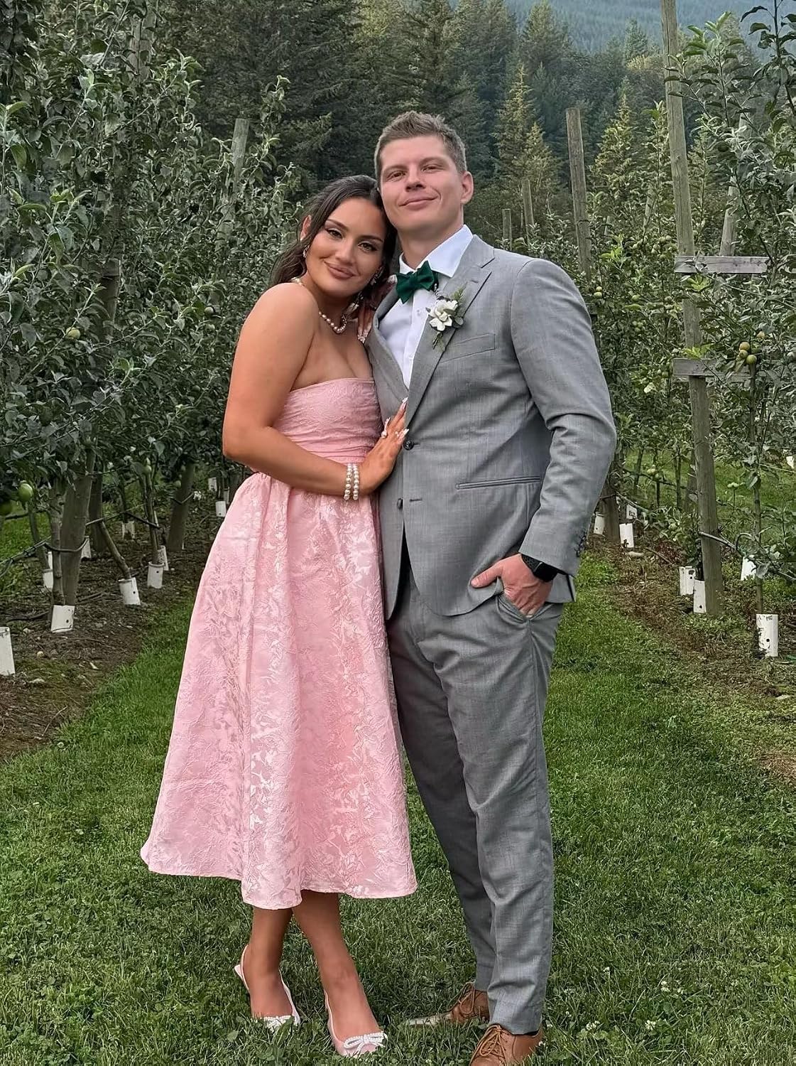 Satin Floral Jacquard Prom Dress for Women Strapless Corset Tea Length Formal Cocktail Evening Gowns