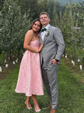 Satin Floral Jacquard Prom Dress for Women Strapless Corset Tea Length Formal Cocktail Evening Gowns