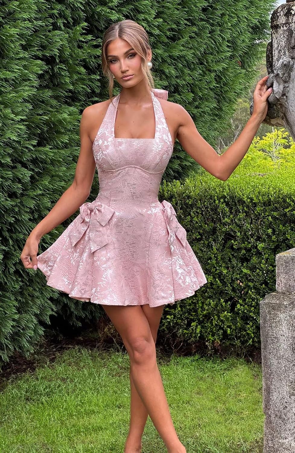 Satin Jacquard Halter Homecoming Dresses with Bow for Teens Mini A-Line Puffy Cocktail Corset Evening Party Gown