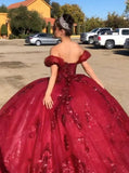 Quinceanera Dress Burgundy Off Shoulder Tulle Lace Long Prom Dresses