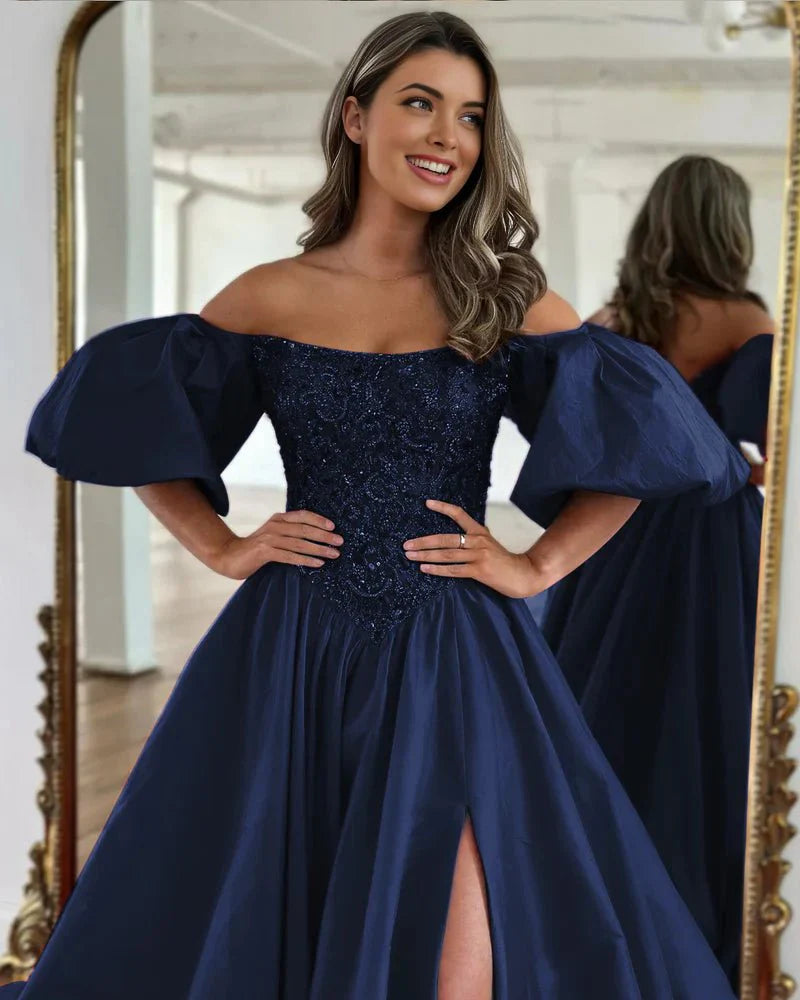 A-Line Off The Shoulder Taffeta Prom Dress With Short Puffy Sleeves