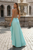 Aqua Spaghetti Straps Sheath Satin High Low Prom Dresses With Ruffles
