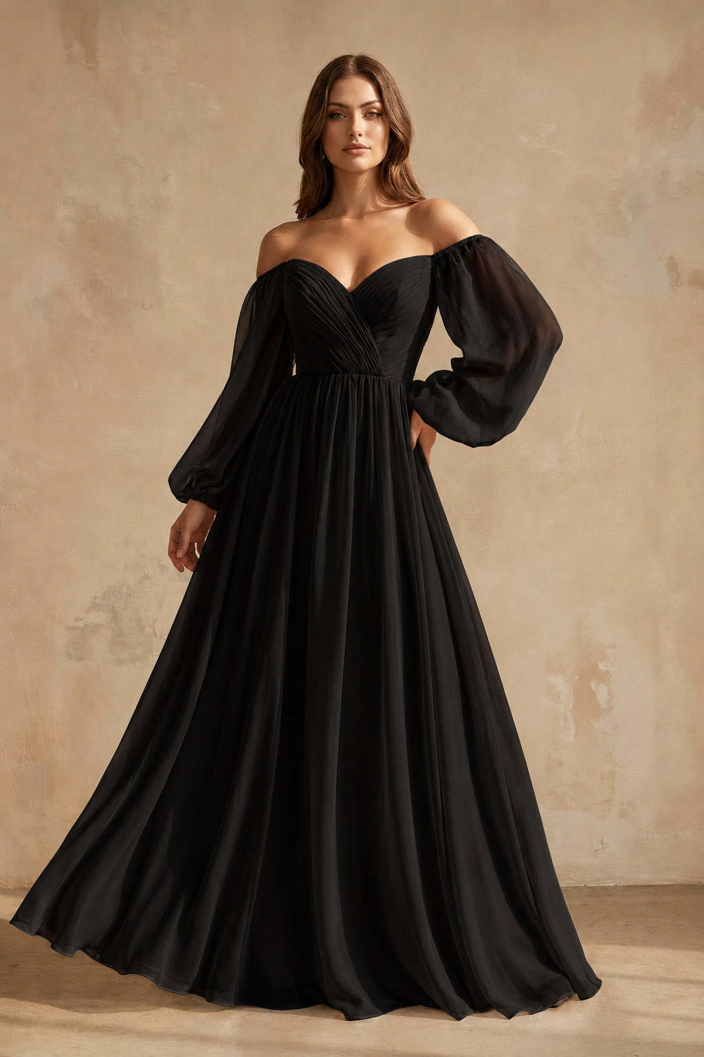 A-Line Off-the-Shoulder Long Sleeves Chiffon Floor-Length Wedding Dress