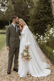 A-Line Long Sleeves Satin Wedding Dresses with V Neck