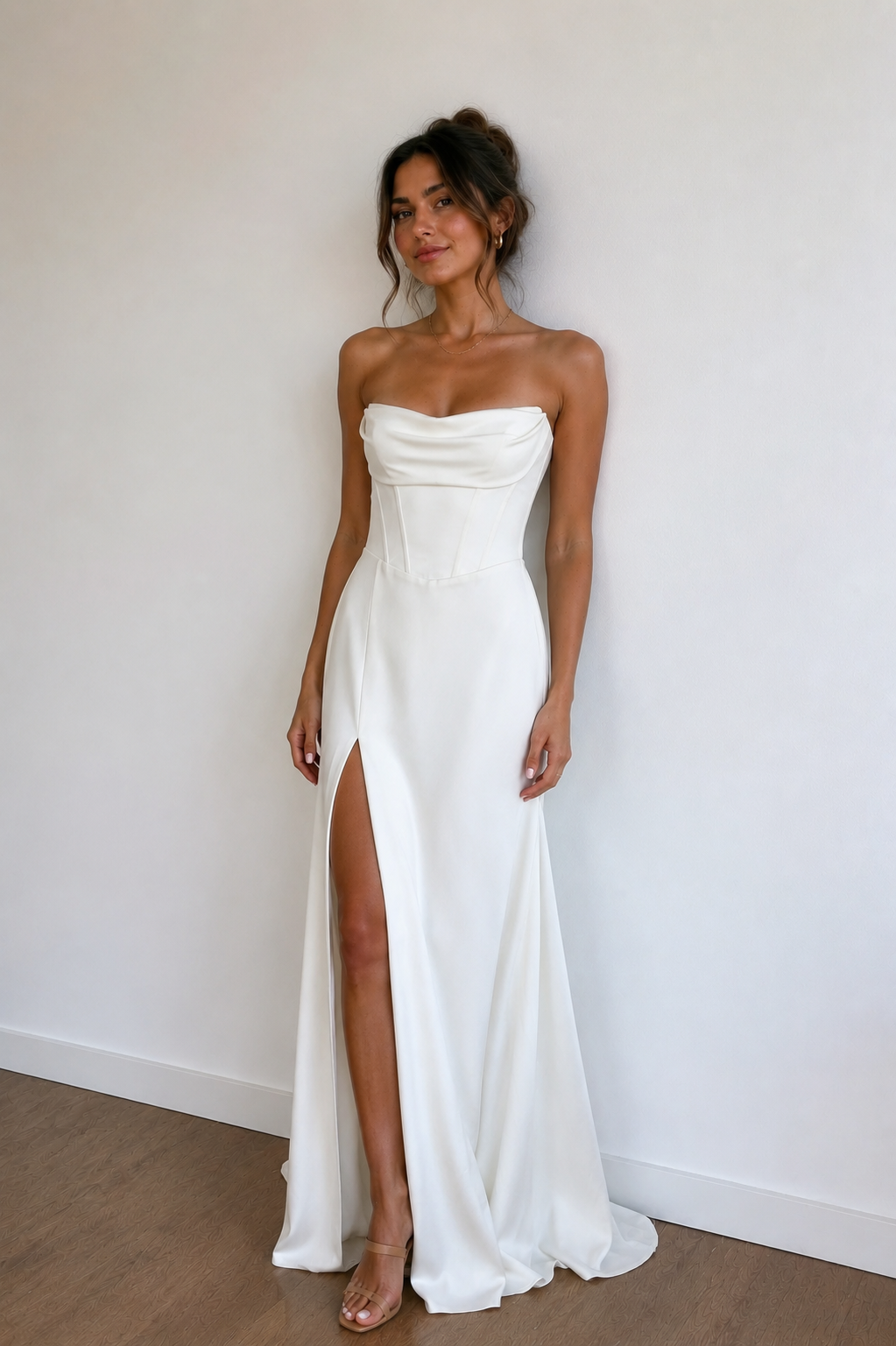 Sheath Strapless White Satin Wedding Dresses with Slit