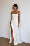 Sheath Strapless White Satin Wedding Dresses with Slit