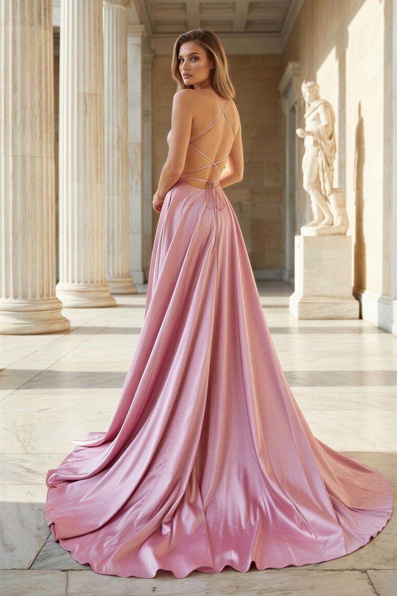 Pink Spaghetti Straps Satin Backless A Line Prom Dress With Pockets