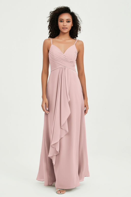Spaghetti Straps Chiffon V Neck Bridesmaid Dress Pleated Ruched Formal Evening Dresses Gowns
