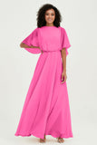 Flutter Sleeves Jewel Chiffon Bridesmaid Dress Floor Length Formal Evening Dresses Gowns