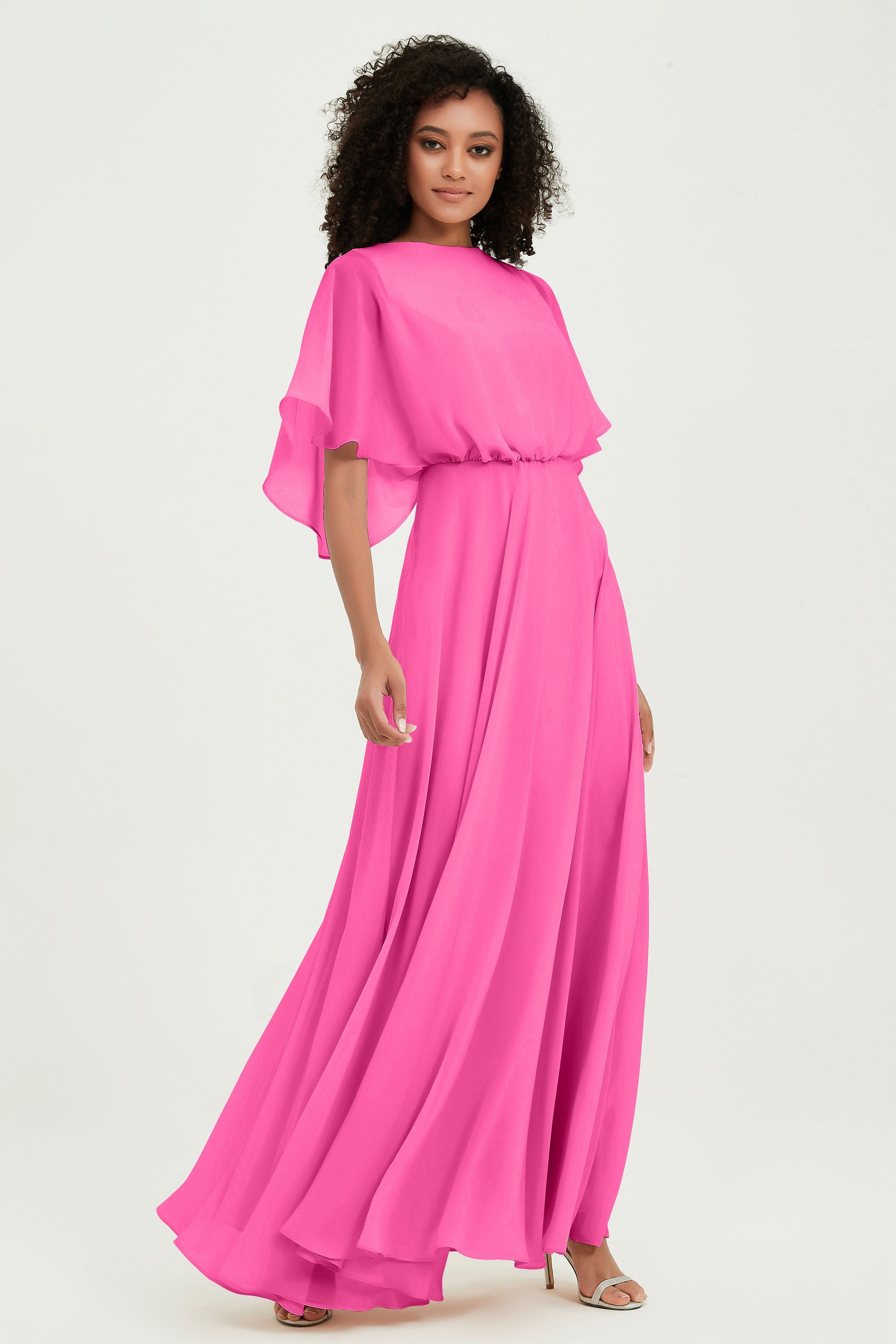 Flutter Sleeves Jewel Chiffon Bridesmaid Dress Floor Length Formal Evening Dresses Gowns