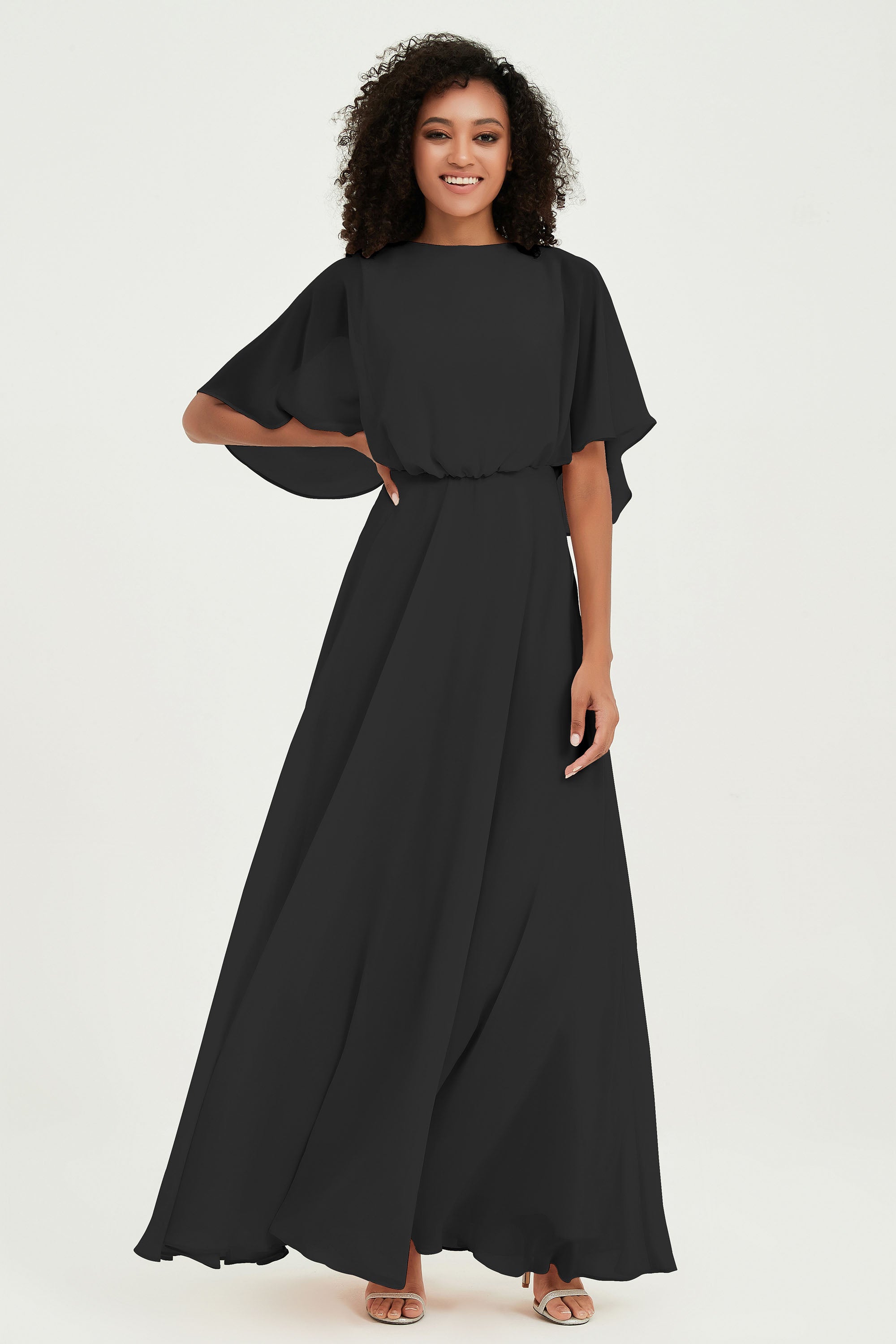 Flutter Sleeves Jewel Chiffon Bridesmaid Dress Floor Length Formal Evening Dresses Gowns