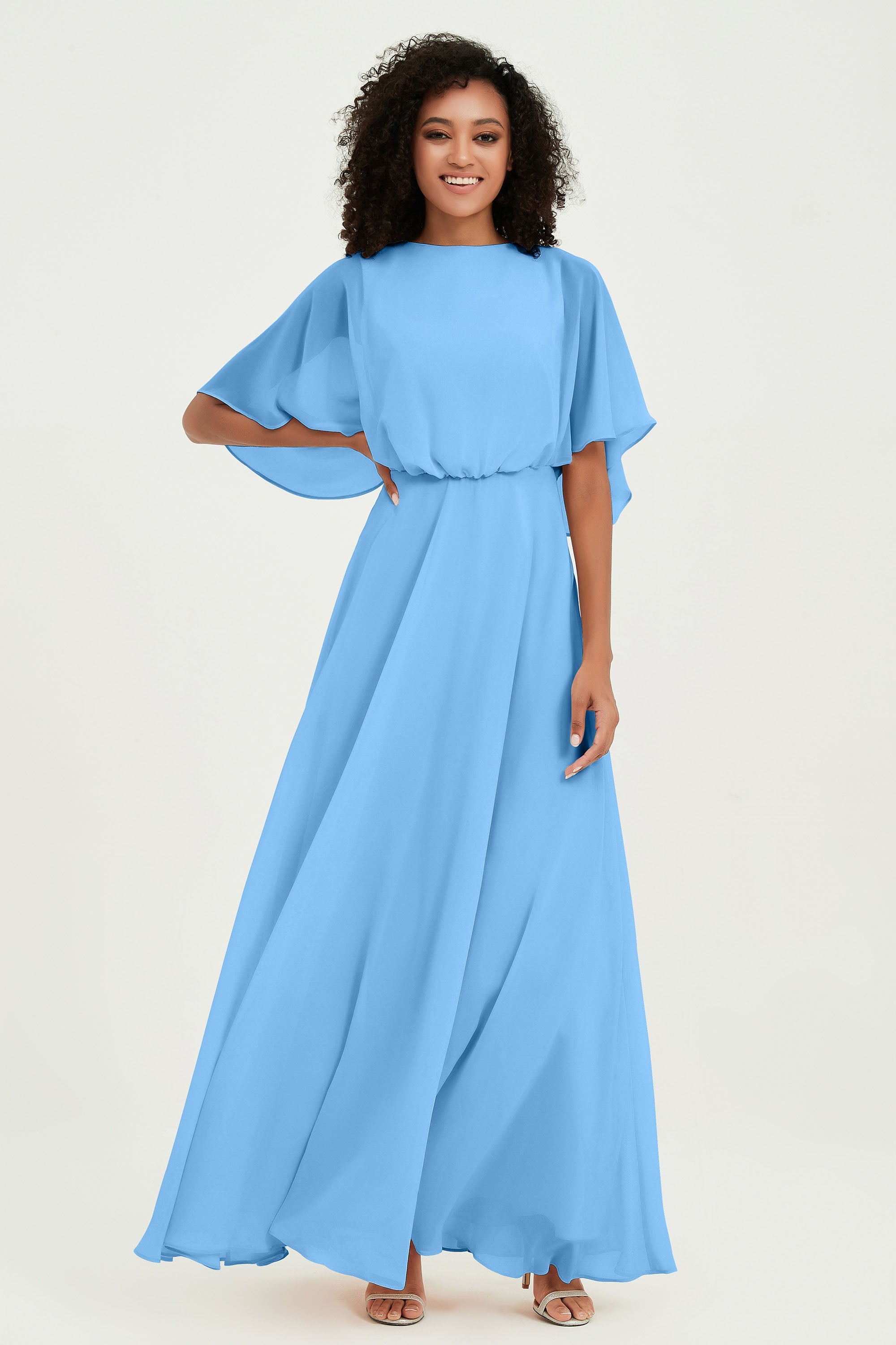 Flutter Sleeves Jewel Chiffon Bridesmaid Dress Floor Length Formal Evening Dresses Gowns