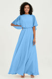 Flutter Sleeves Jewel Chiffon Bridesmaid Dress Floor Length Formal Evening Dresses Gowns