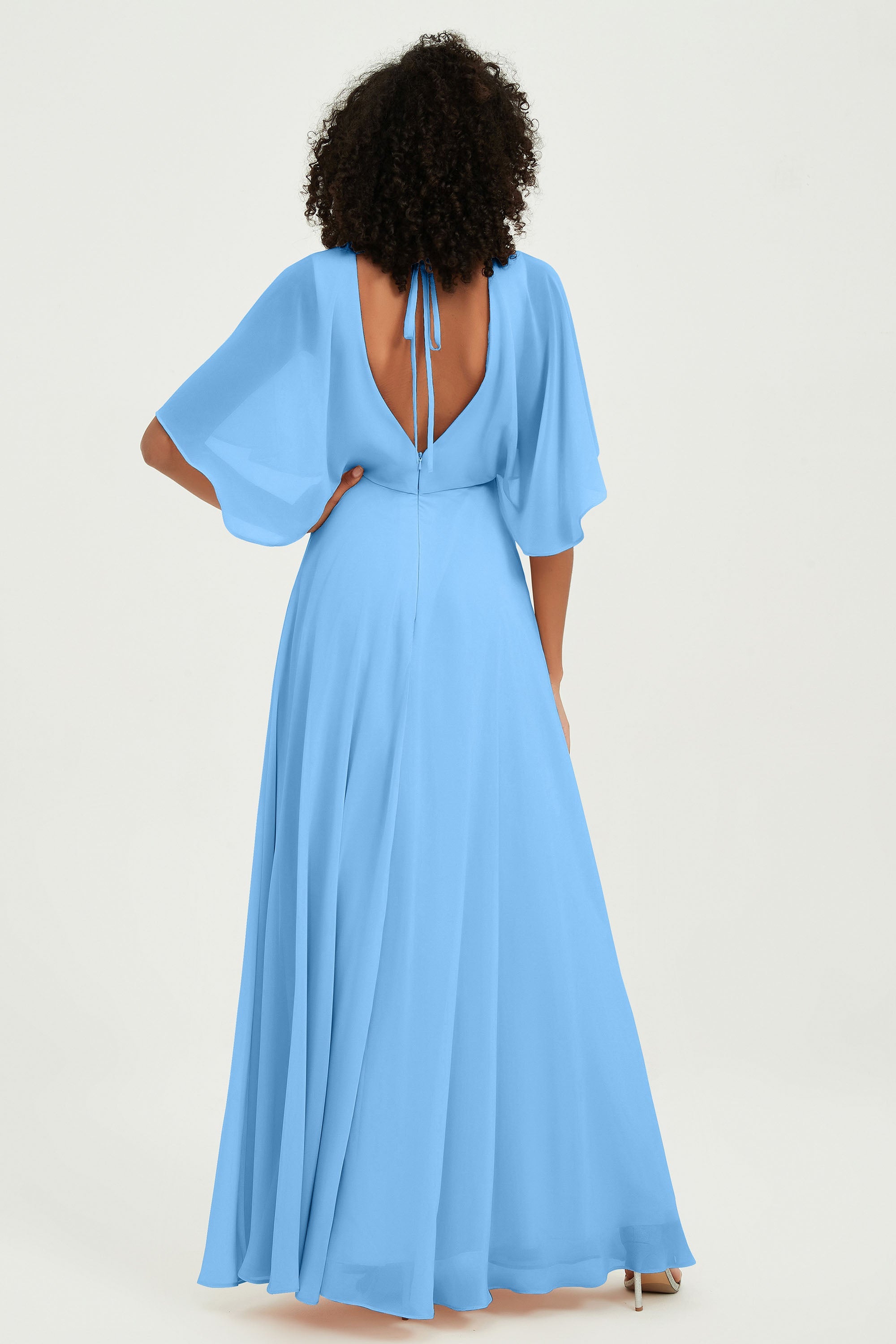 Flutter Sleeves Jewel Chiffon Bridesmaid Dress Floor Length Formal Evening Dresses Gowns