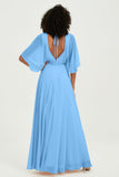 Flutter Sleeves Jewel Chiffon Bridesmaid Dress Floor Length Formal Evening Dresses Gowns