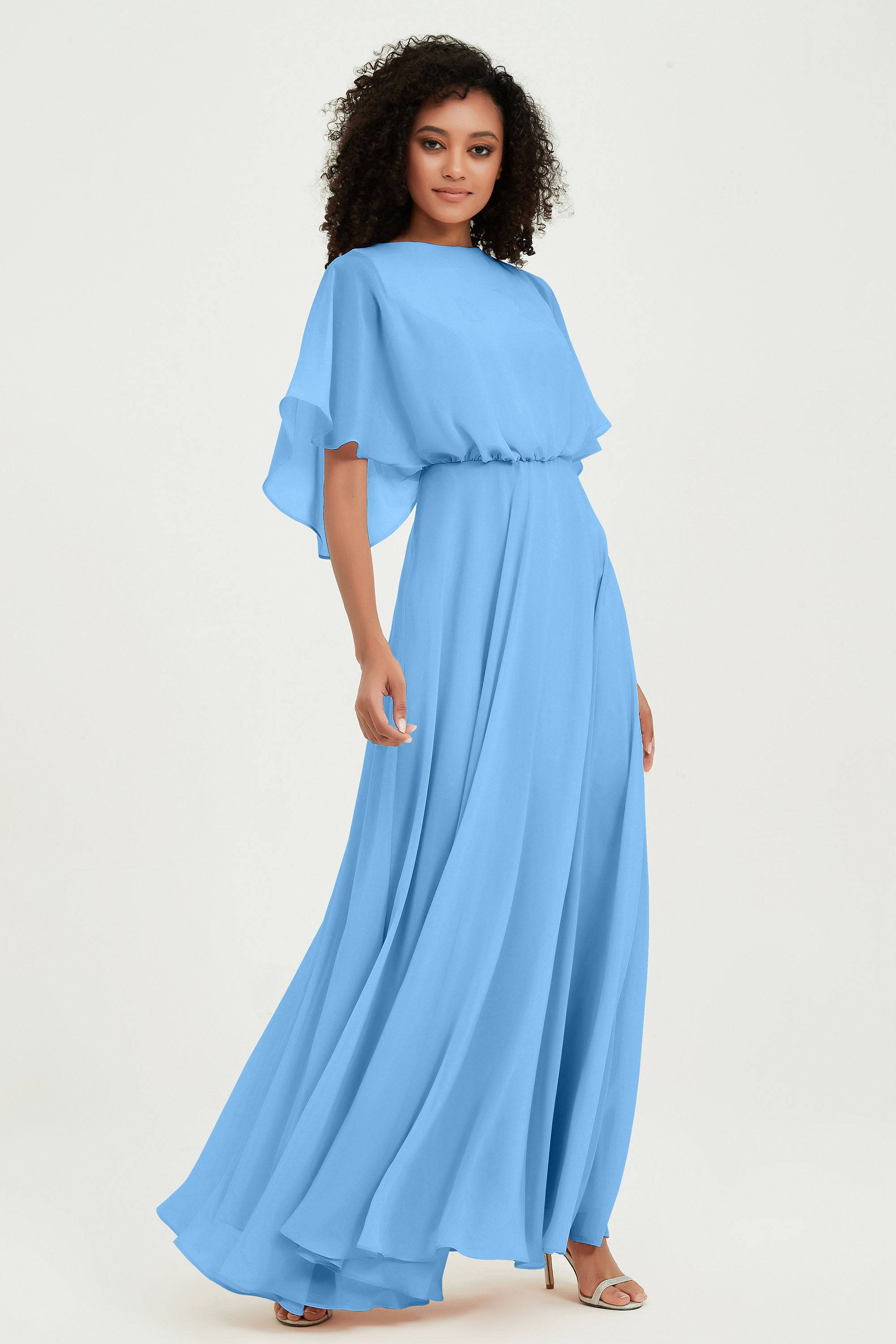 Flutter Sleeves Jewel Chiffon Bridesmaid Dress Floor Length Formal Evening Dresses Gowns
