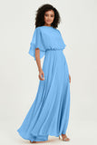 Flutter Sleeves Jewel Chiffon Bridesmaid Dress Floor Length Formal Evening Dresses Gowns