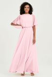 Flutter Sleeves Jewel Chiffon Bridesmaid Dress Floor Length Formal Evening Dresses Gowns