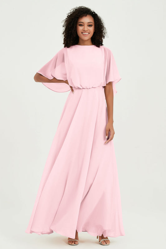 Flutter Sleeves Jewel Chiffon Bridesmaid Dress Floor Length Formal Evening Dresses Gowns