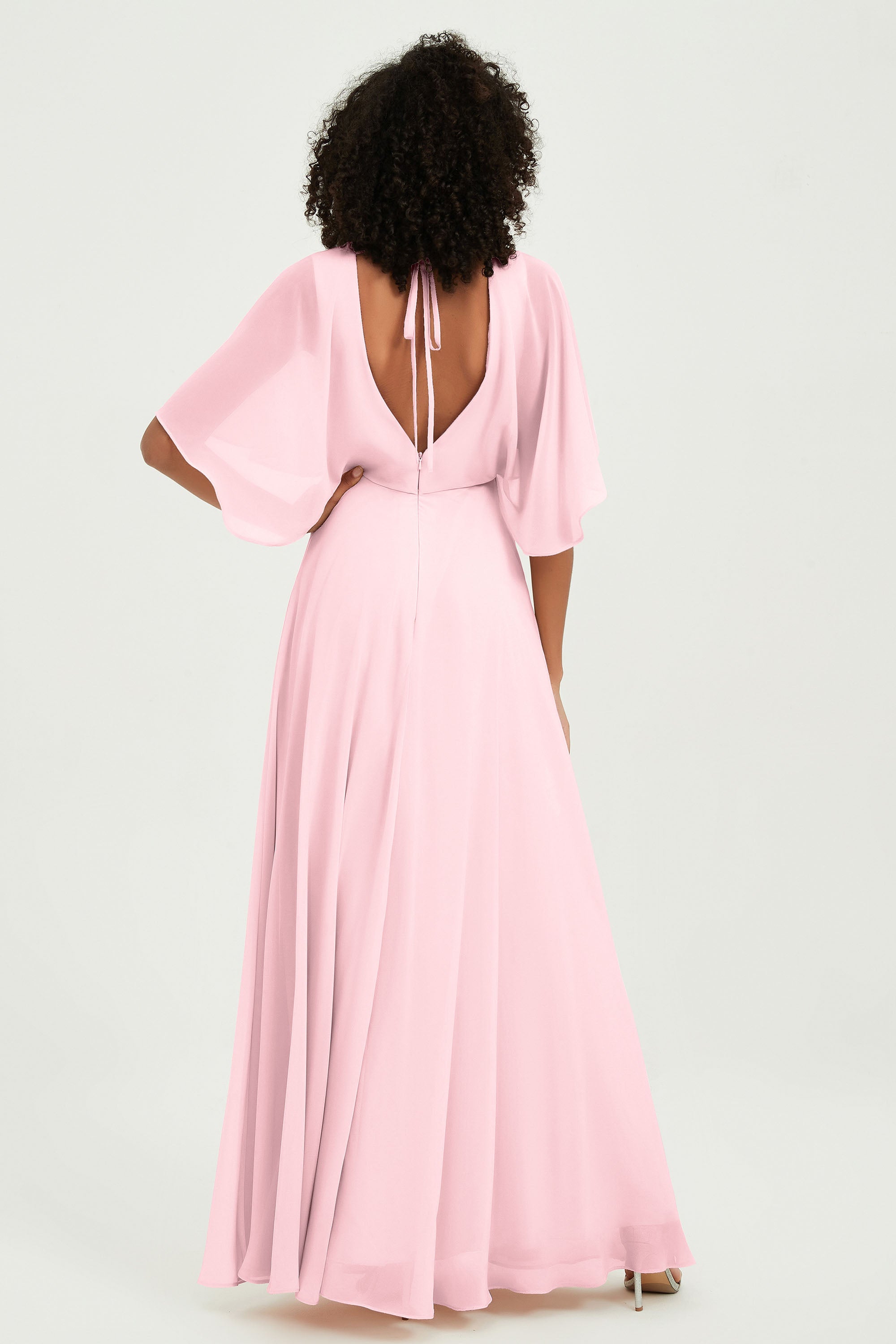 Flutter Sleeves Jewel Chiffon Bridesmaid Dress Floor Length Formal Evening Dresses Gowns