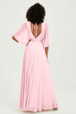 Flutter Sleeves Jewel Chiffon Bridesmaid Dress Floor Length Formal Evening Dresses Gowns