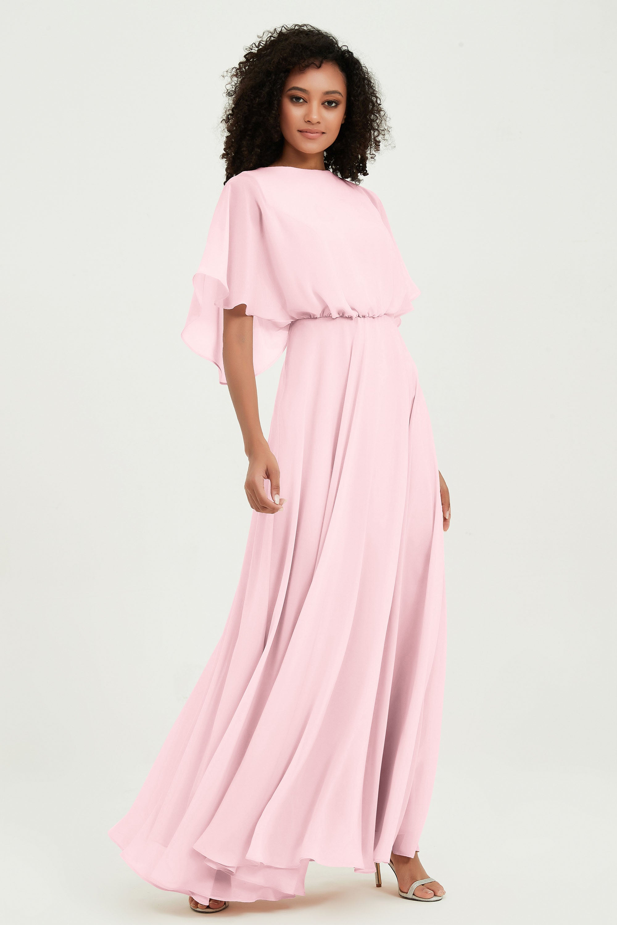 Flutter Sleeves Jewel Chiffon Bridesmaid Dress Floor Length Formal Evening Dresses Gowns