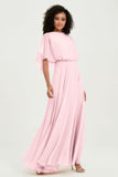 Flutter Sleeves Jewel Chiffon Bridesmaid Dress Floor Length Formal Evening Dresses Gowns