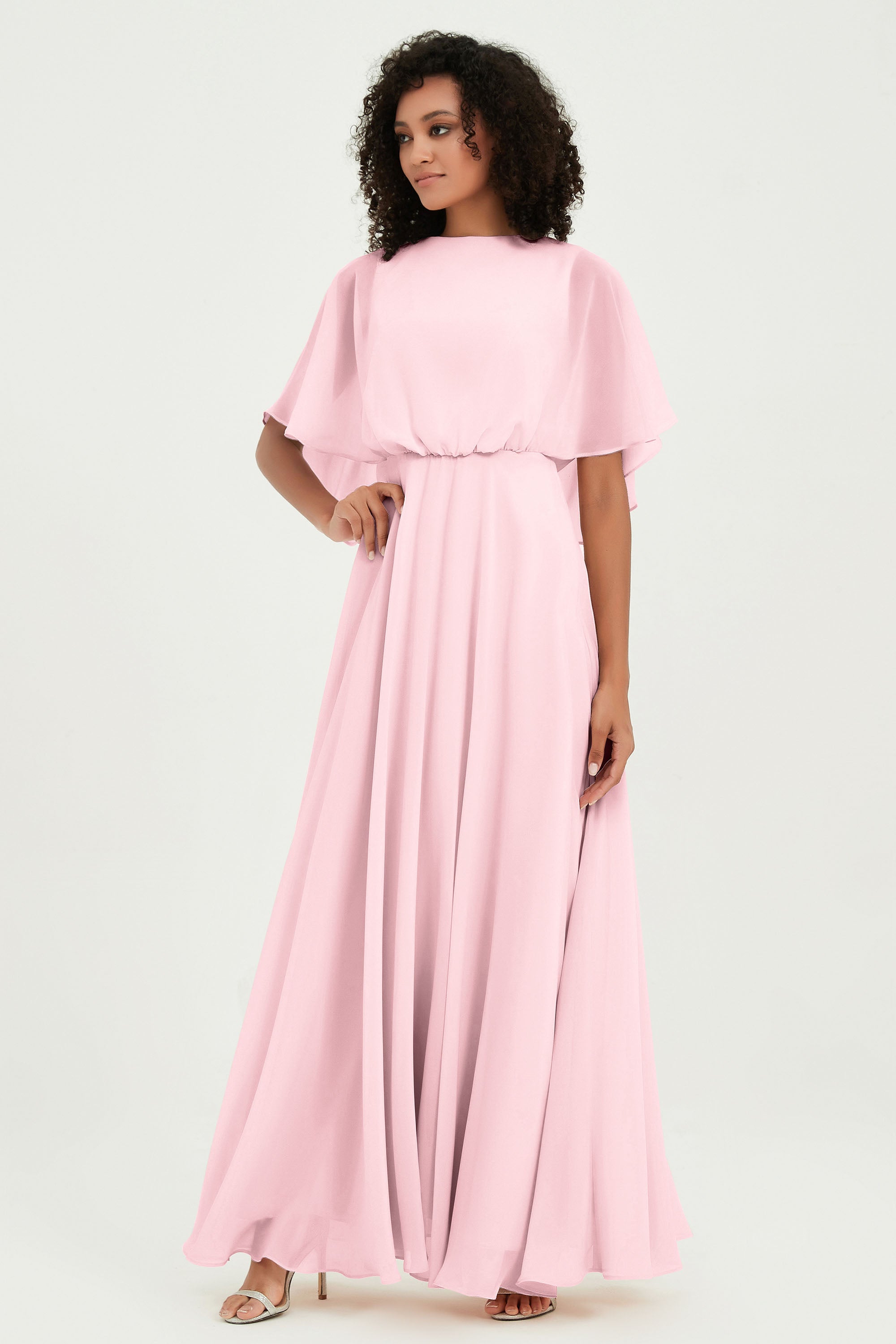Flutter Sleeves Jewel Chiffon Bridesmaid Dress Floor Length Formal Evening Dresses Gowns