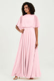 Flutter Sleeves Jewel Chiffon Bridesmaid Dress Floor Length Formal Evening Dresses Gowns