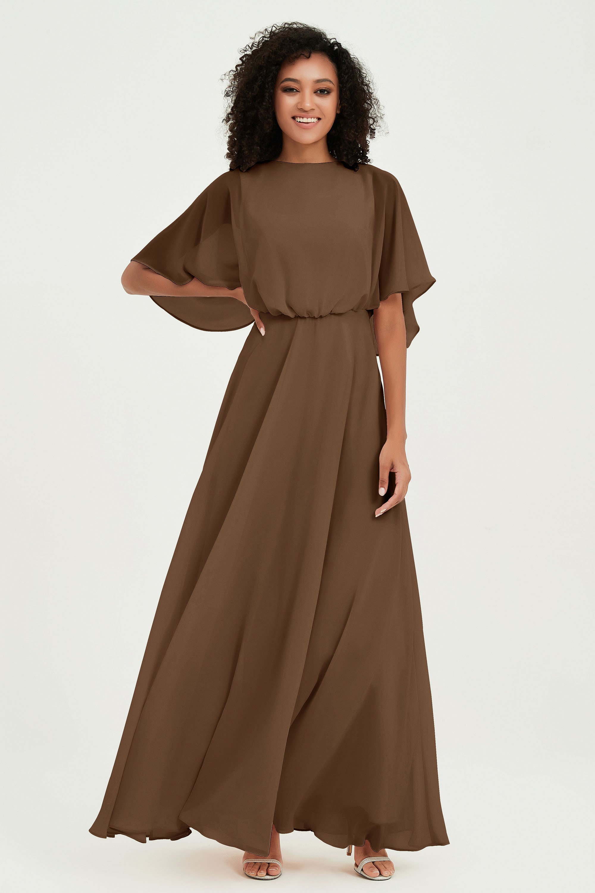 Flutter Sleeves Jewel Chiffon Bridesmaid Dress Floor Length Formal Evening Dresses Gowns