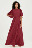 Flutter Sleeves Jewel Chiffon Bridesmaid Dress Floor Length Formal Evening Dresses Gowns