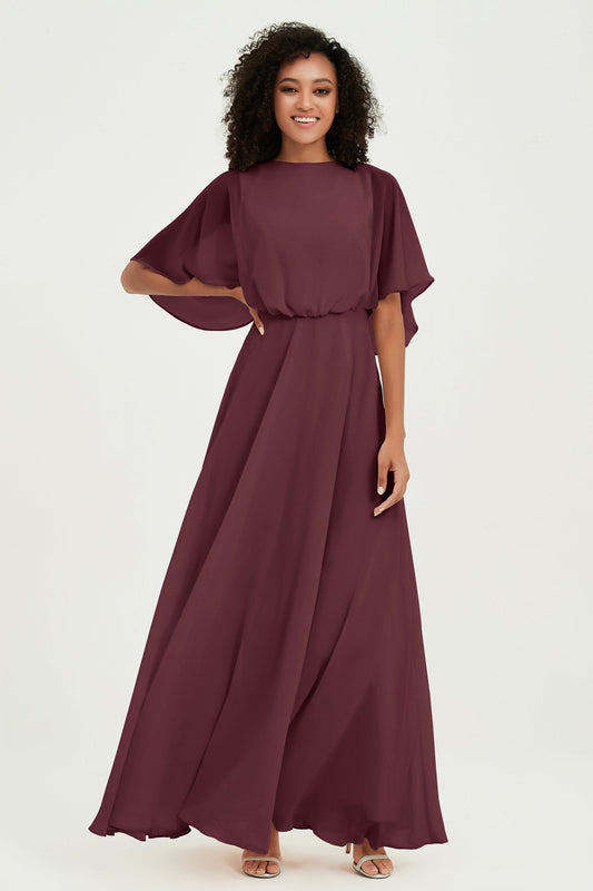 Flutter Sleeves Jewel Chiffon Bridesmaid Dress Floor Length Formal Evening Dresses Gowns