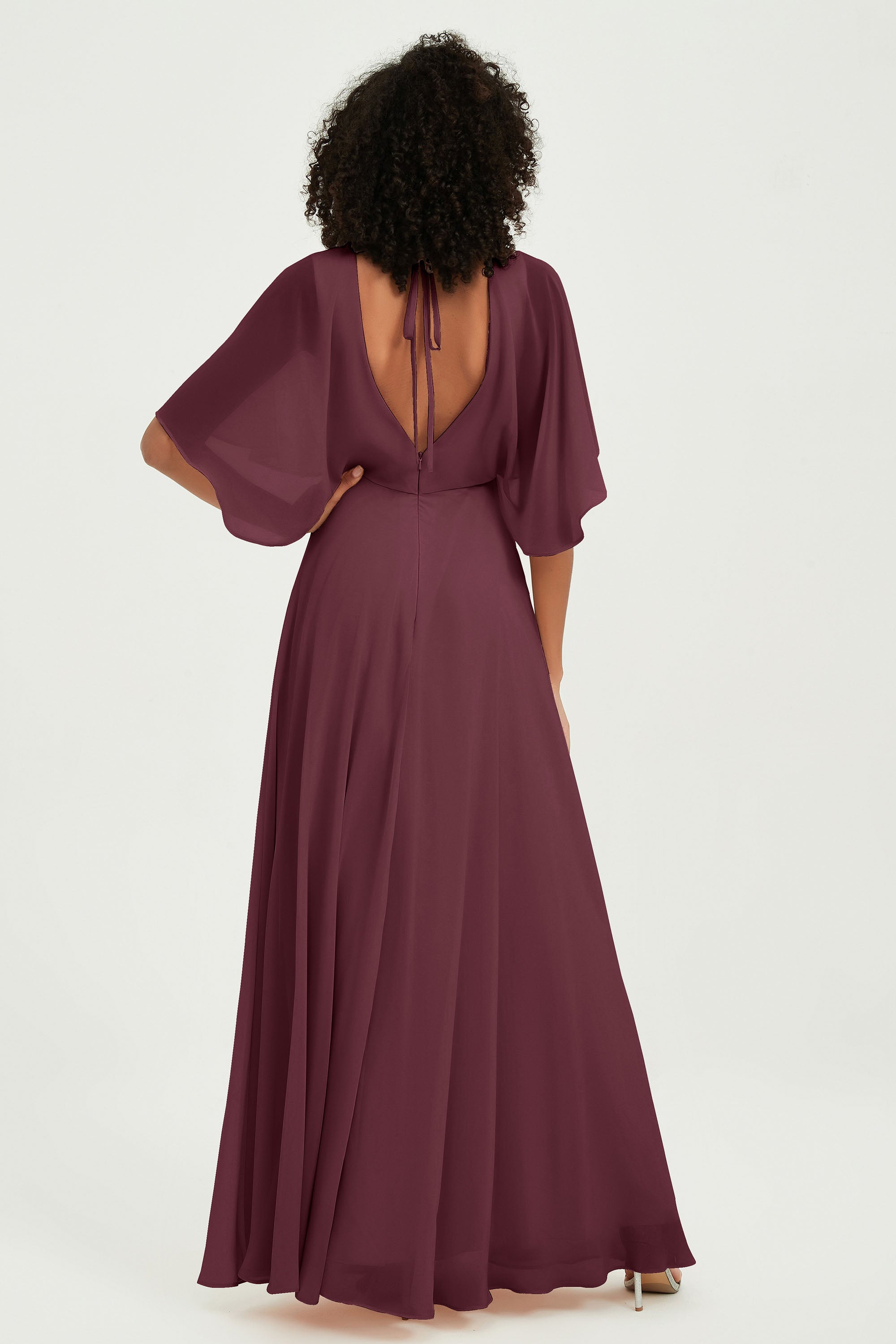 Flutter Sleeves Jewel Chiffon Bridesmaid Dress Floor Length Formal Evening Dresses Gowns