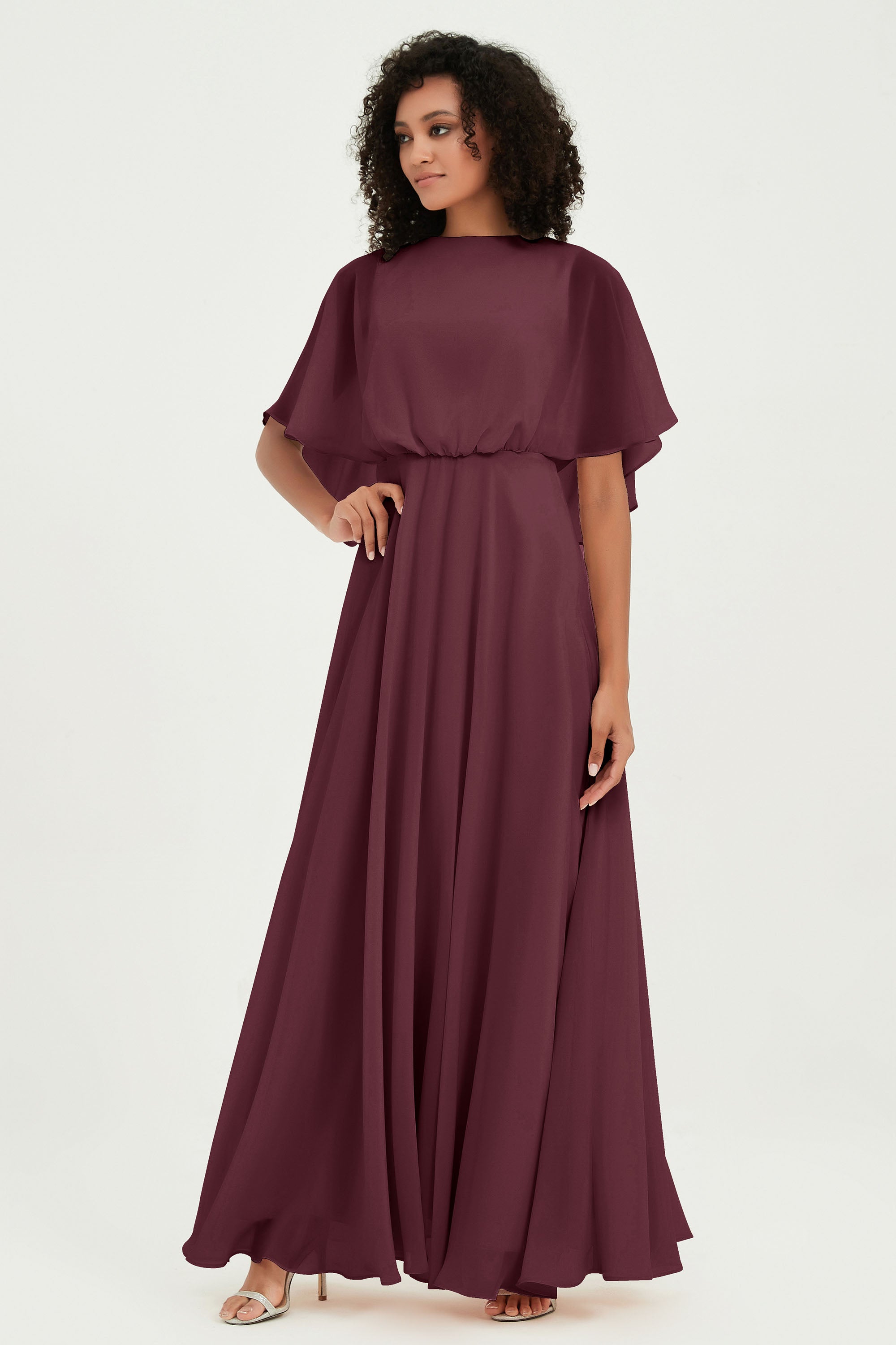 Flutter Sleeves Jewel Chiffon Bridesmaid Dress Floor Length Formal Evening Dresses Gowns
