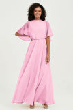 Flutter Sleeves Jewel Chiffon Bridesmaid Dress Floor Length Formal Evening Dresses Gowns