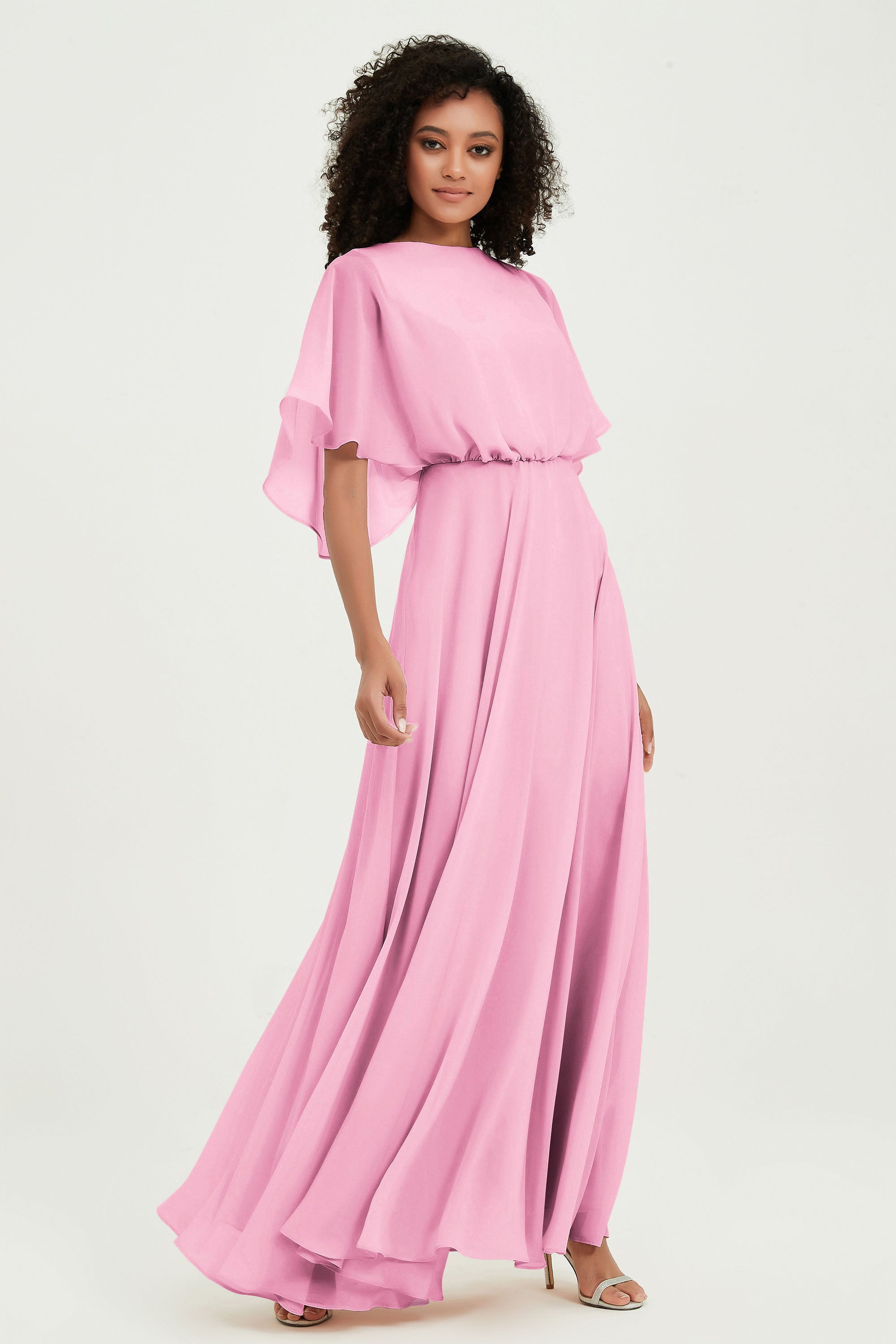 Flutter Sleeves Jewel Chiffon Bridesmaid Dress Floor Length Formal Evening Dresses Gowns