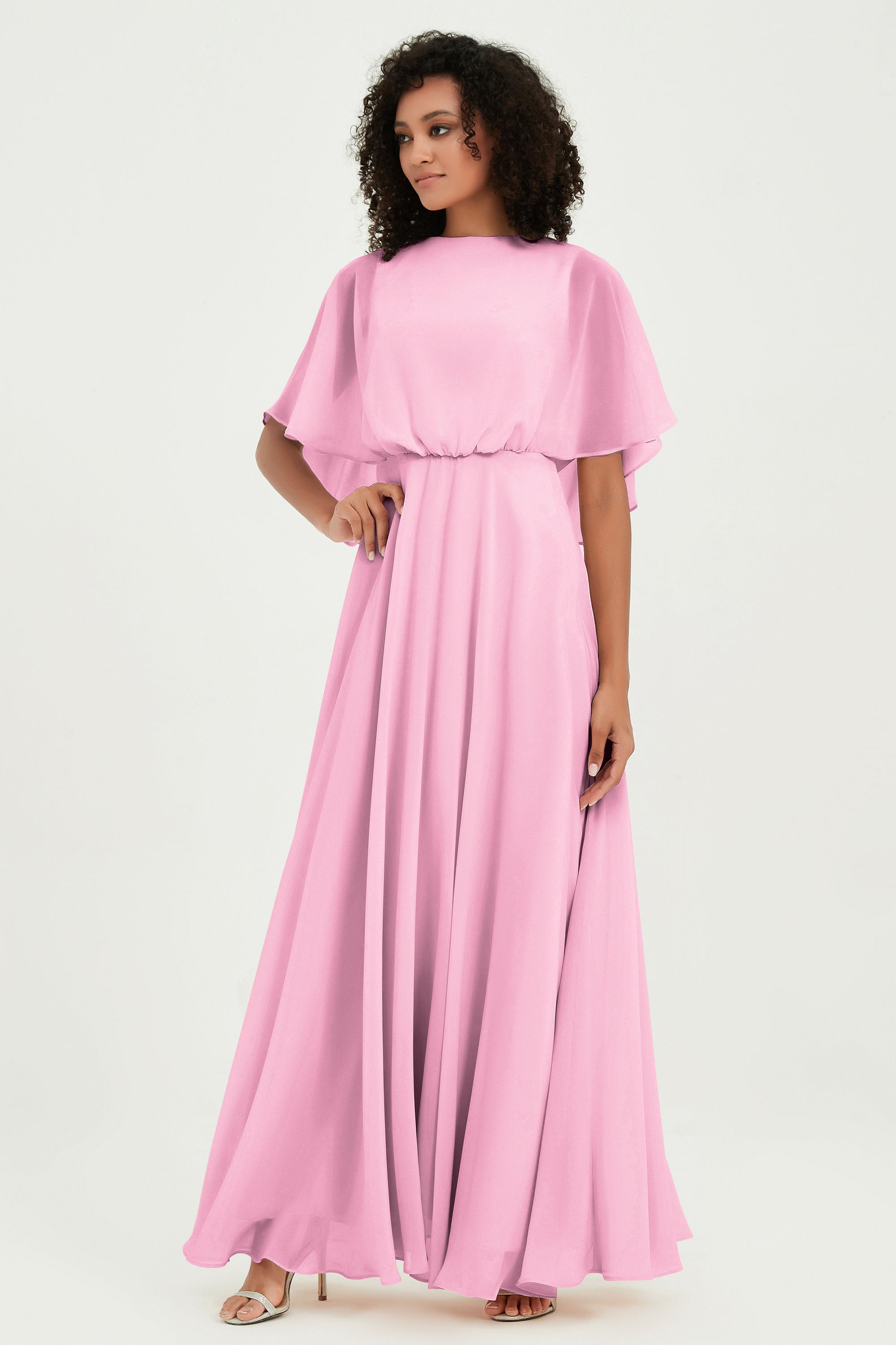 Flutter Sleeves Jewel Chiffon Bridesmaid Dress Floor Length Formal Evening Dresses Gowns
