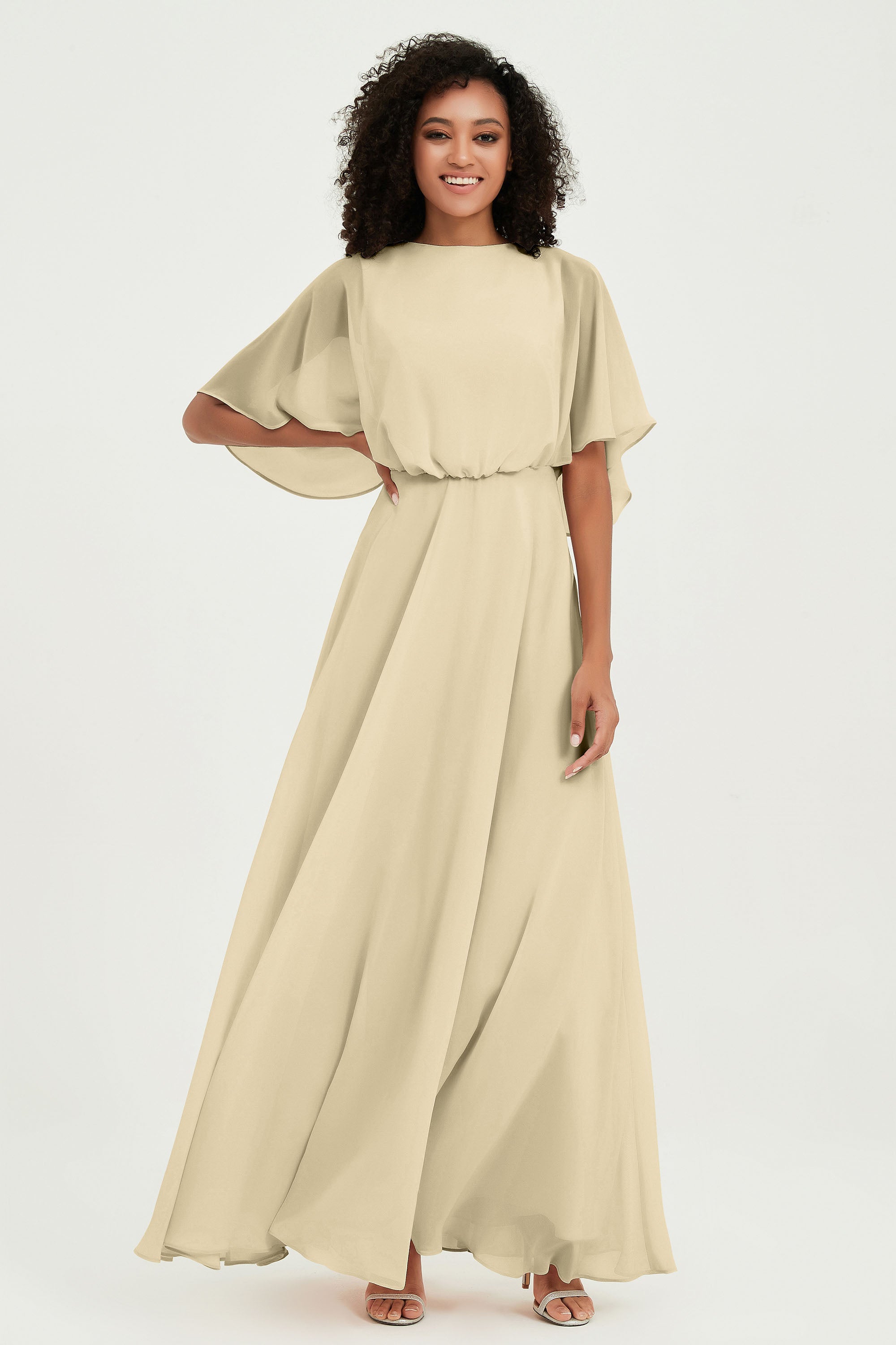Flutter Sleeves Jewel Chiffon Bridesmaid Dress Floor Length Formal Evening Dresses Gowns