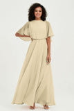 Flutter Sleeves Jewel Chiffon Bridesmaid Dress Floor Length Formal Evening Dresses Gowns