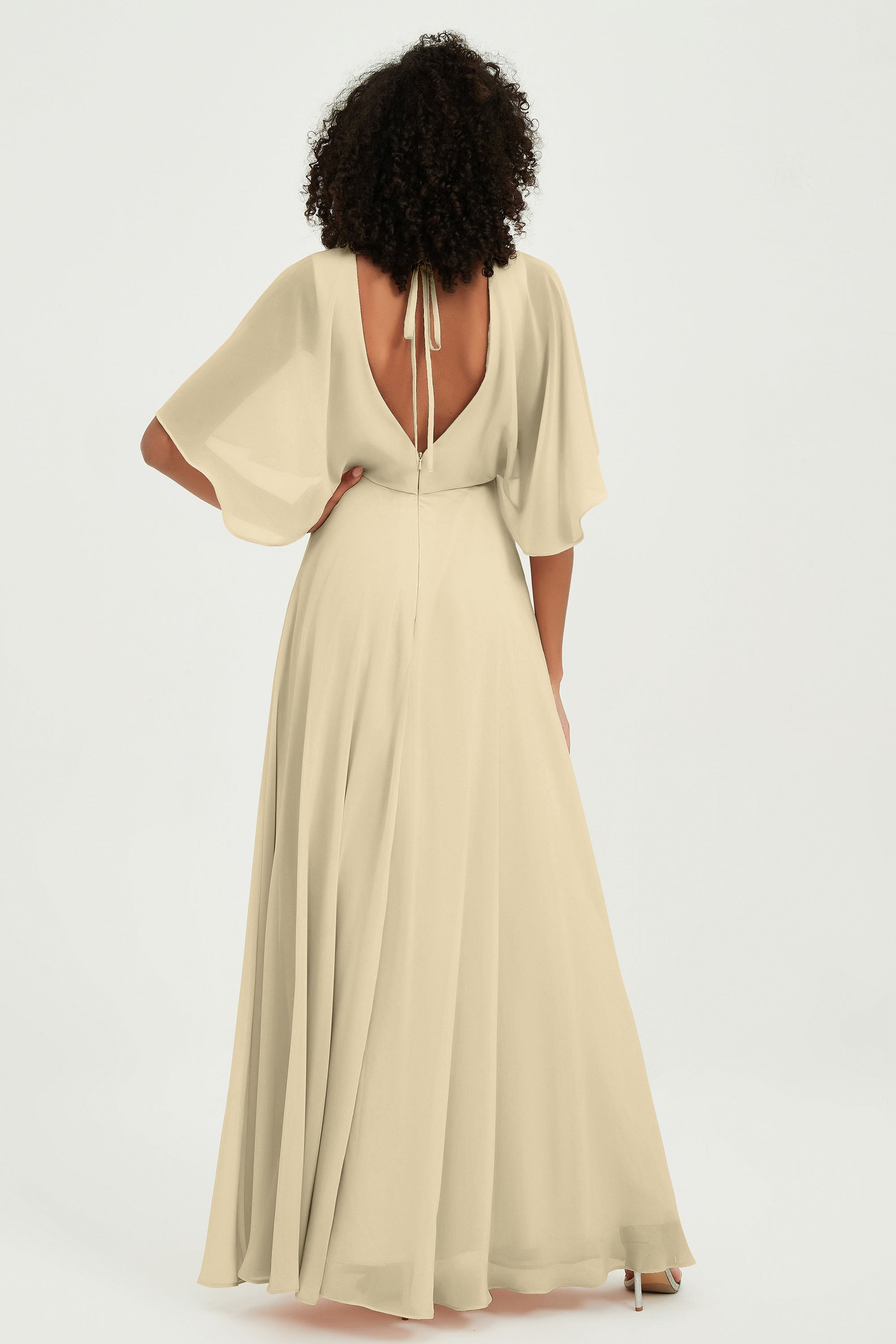Flutter Sleeves Jewel Chiffon Bridesmaid Dress Floor Length Formal Evening Dresses Gowns